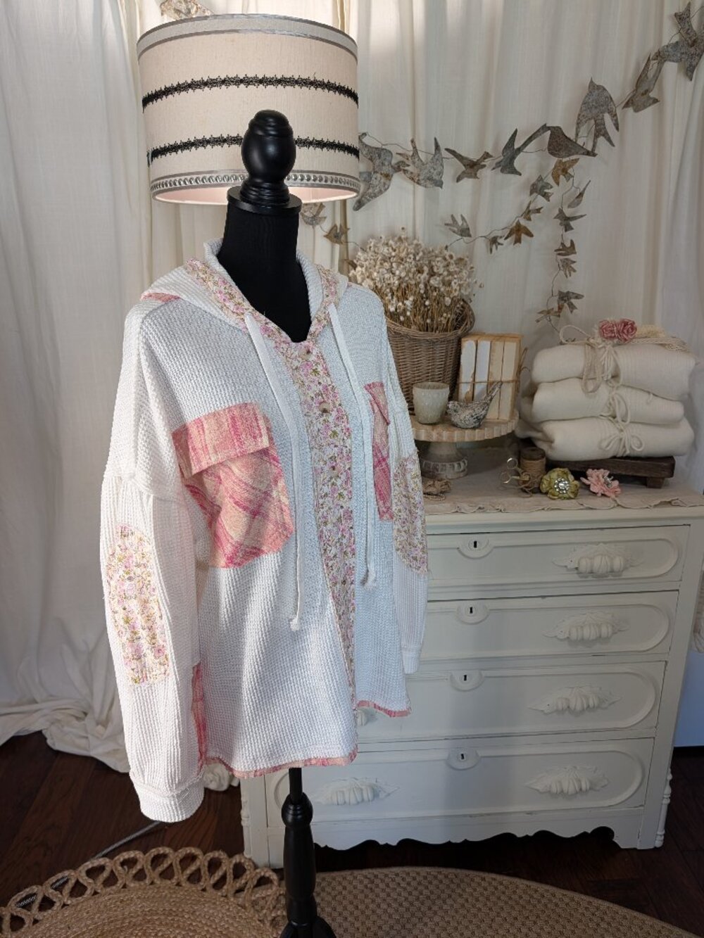 COTTAGECORE CABIN DREAMS WAFFLE KNIT HOODIE, PINK PLAID AND FLOWERS